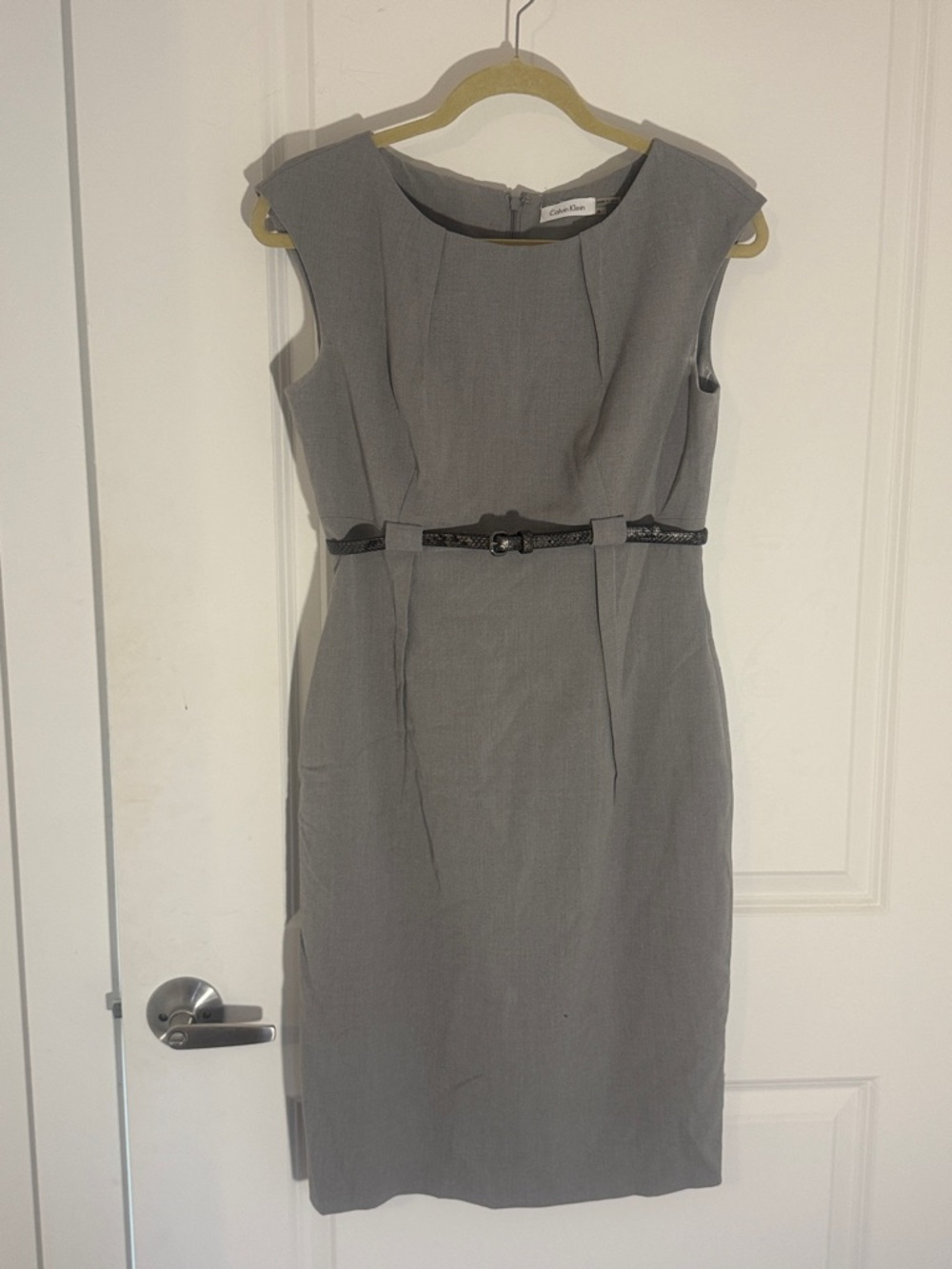 Calvin Klein Gray Sleeveless Midi Sheath Dress with Black Belt